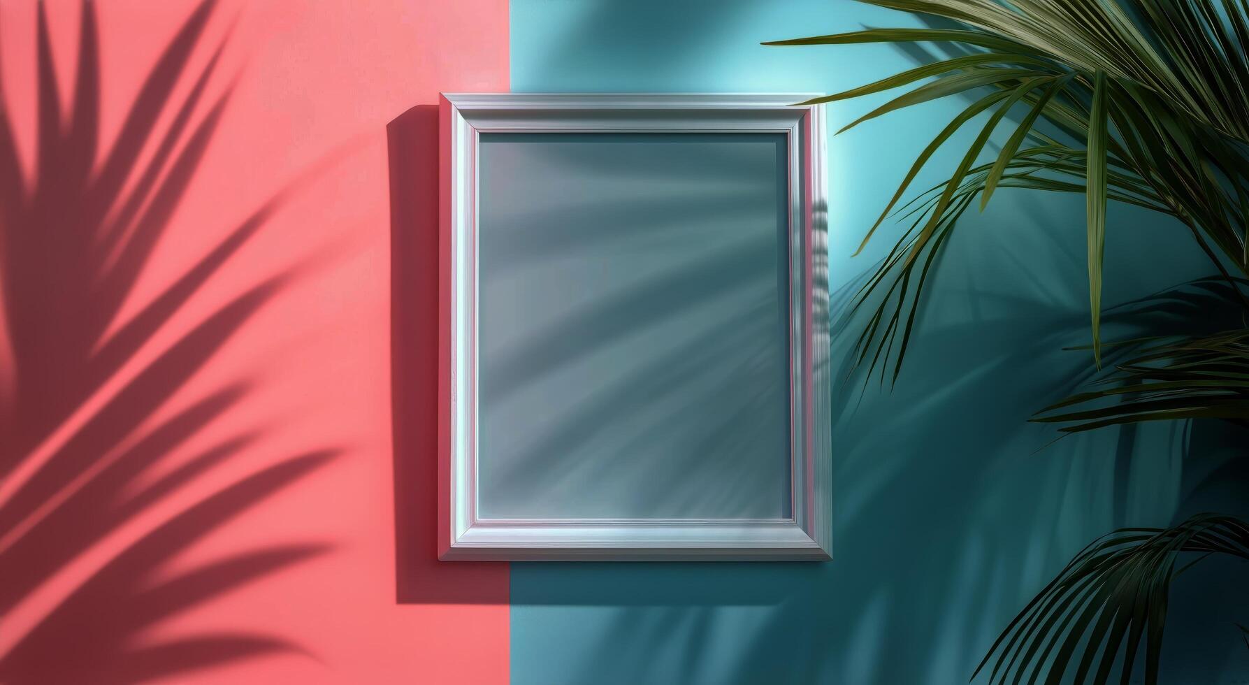 Colorful Wall With Empty Frame and Tropical Shadows in Bright Setting photo