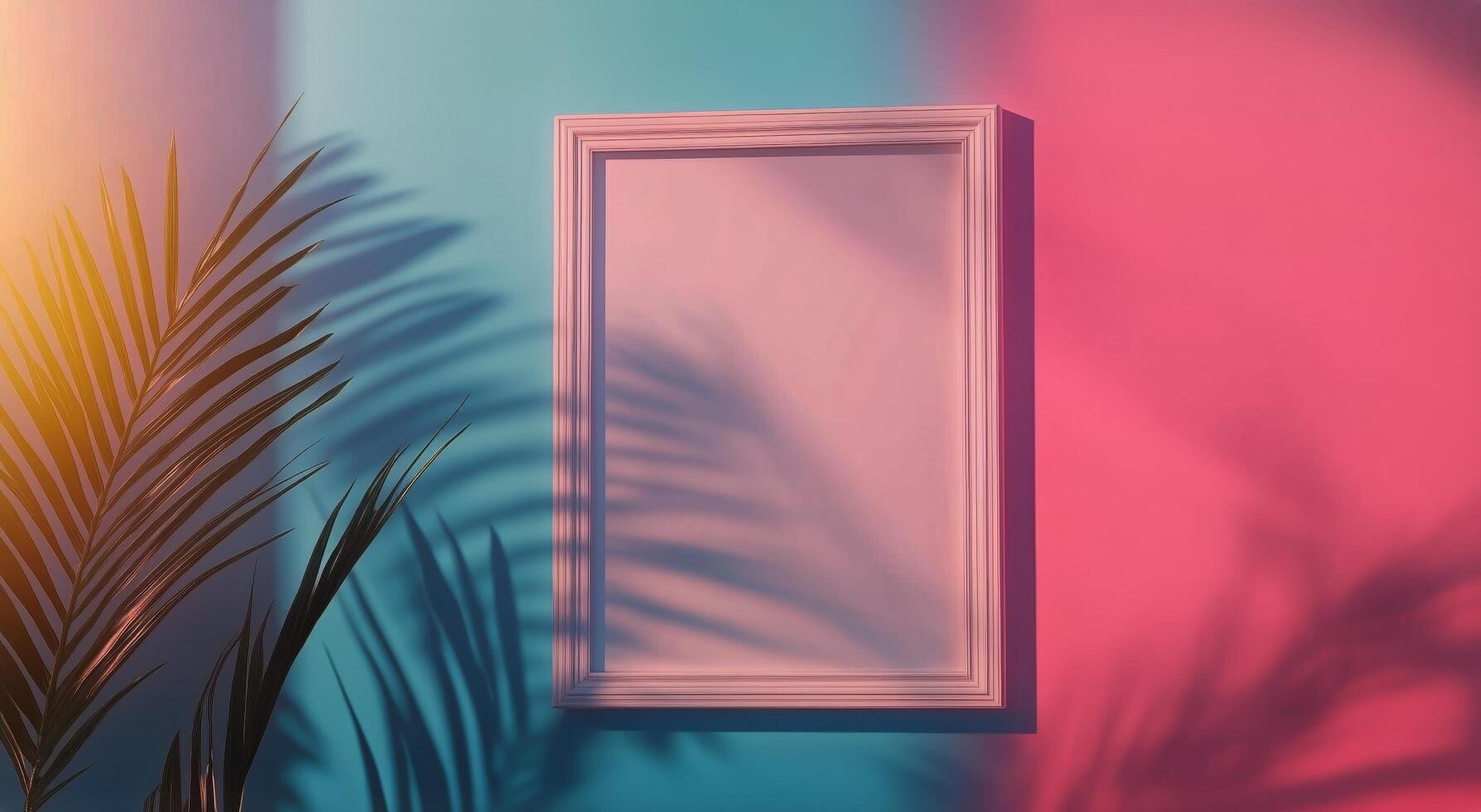 Colorful Wall With Empty Frame and Tropical Shadows in Bright Setting. photo