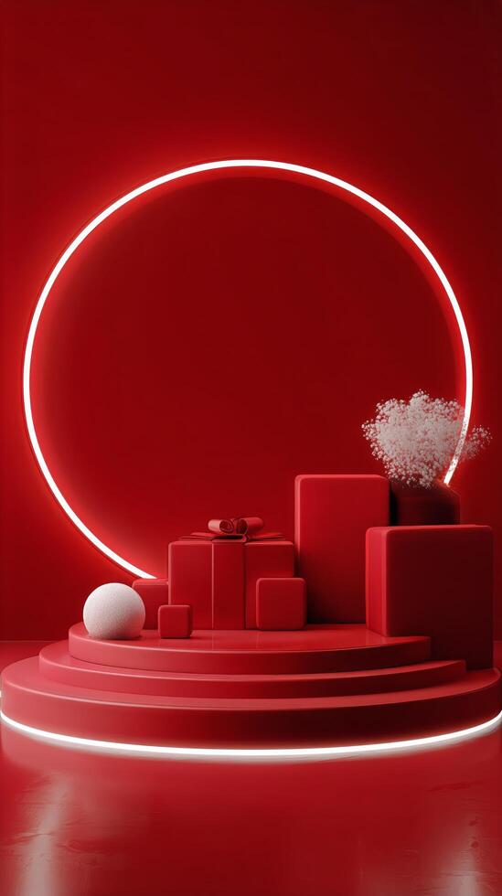Creative Red Stage Design With Geometric Shapes and Circular Lights for Modern Visual Display photo
