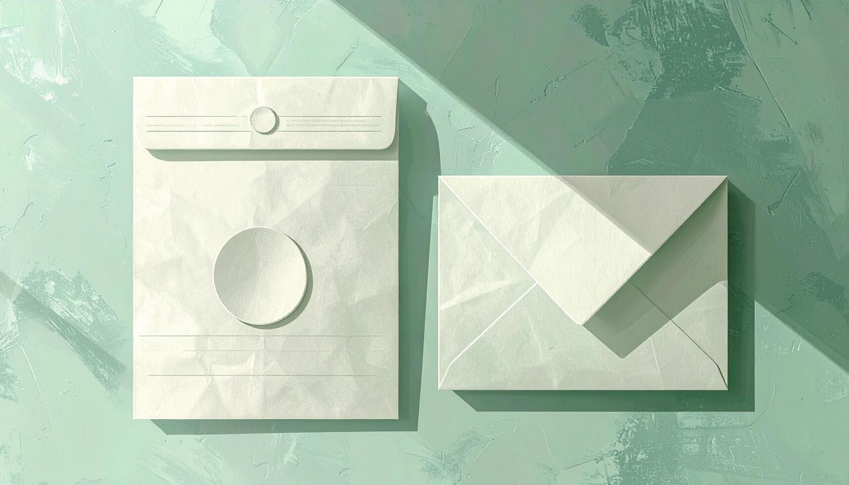Minimalist White Envelopes and Paper Mailer on Textured Green Background with Shadow Play Overhead View photo