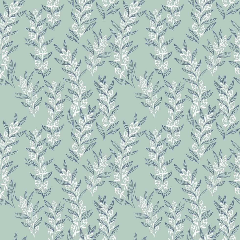 Seamless pattern with delicate line art branches and tiny leaves on a soft green background. Elegant botanical design for textiles, wallpaper, and packaging vector