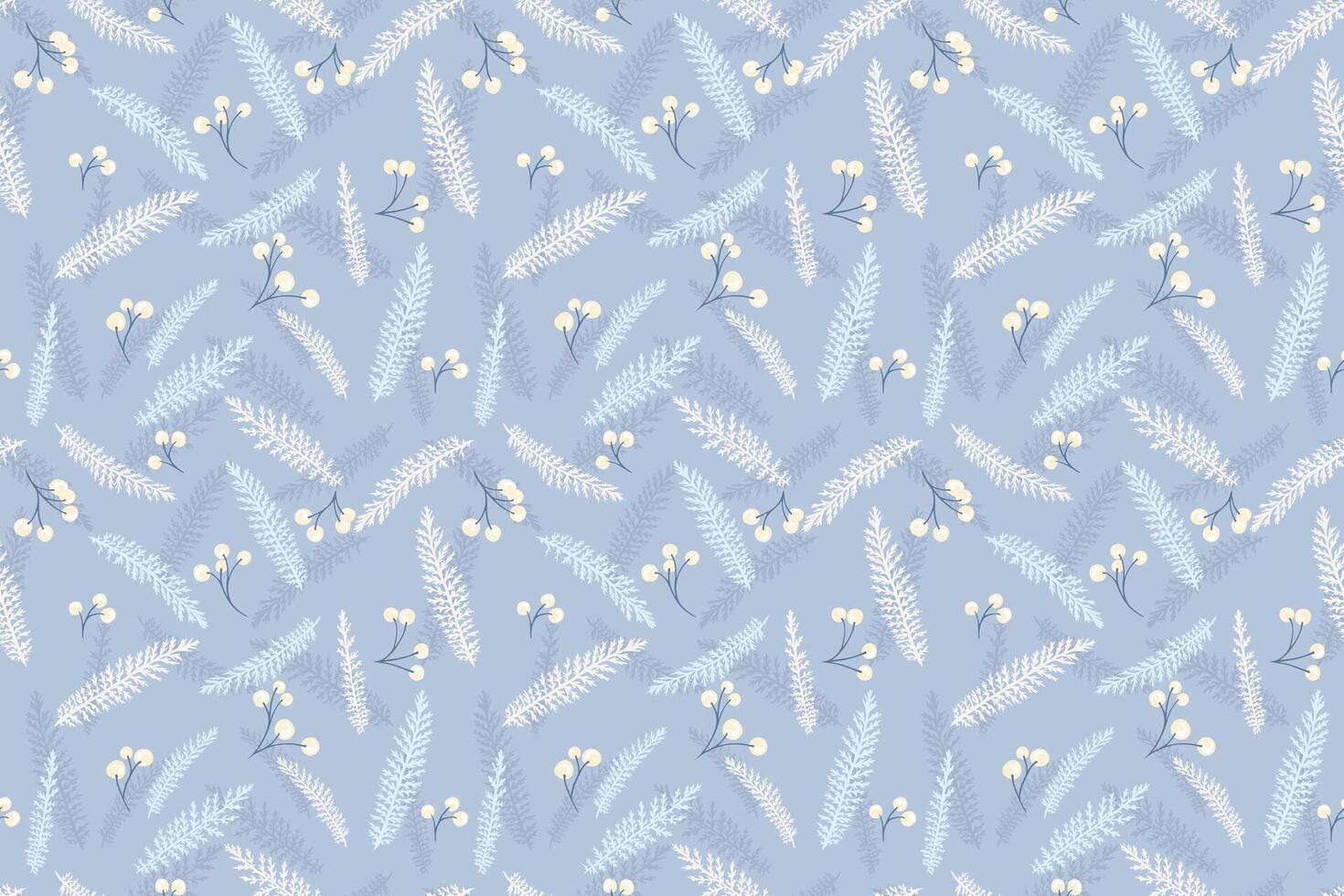Seamless pattern with delicate fir like branches and small cream berries on soft blue background. Elegant winter botanical design for textiles, wrapping and decor vector