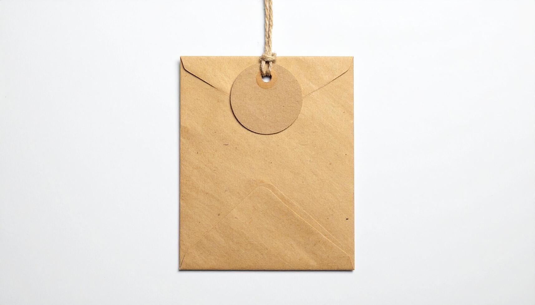 Recycled Kraft Paper Envelope with Round Tag and Twine on White Background Mockup Ready for Design photo