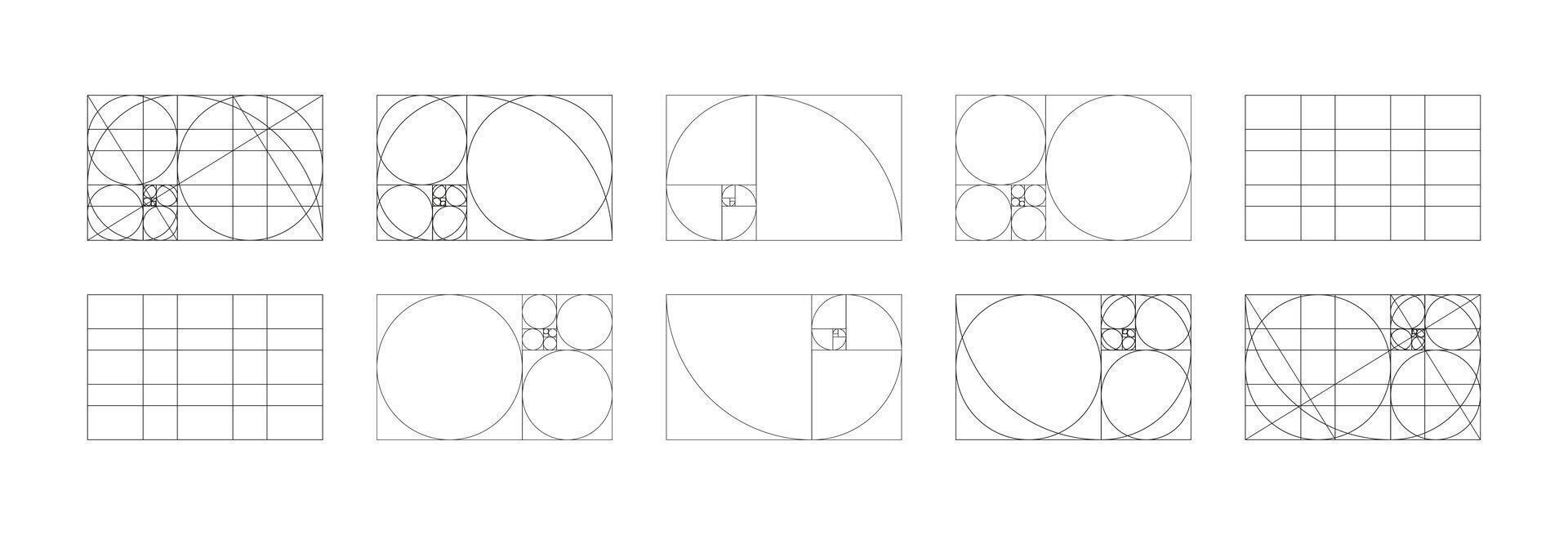 Golden ratio samples. Fibonacci array, numbers forms. Harmony proportions black frames big set. Method golden section flat icons. Golden Spiral patterns. Outline graphic thin printable illustrations. vector