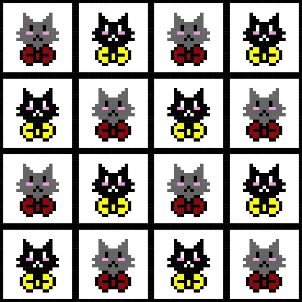 Cute Pixel cats pattern with red and yellow bows vector