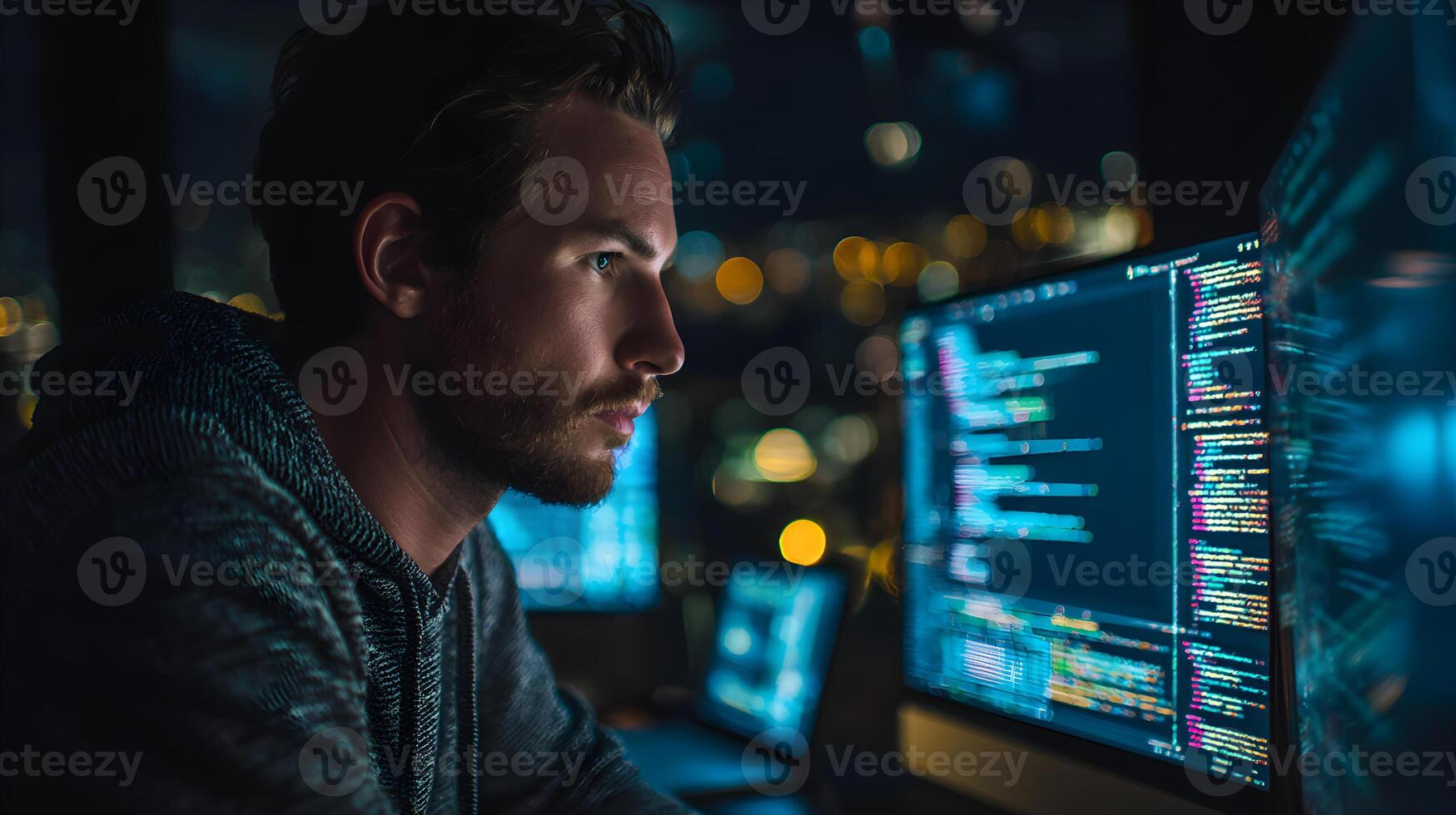 Male programmer focused on coding at computer screens with vibrant city lights in the background photo