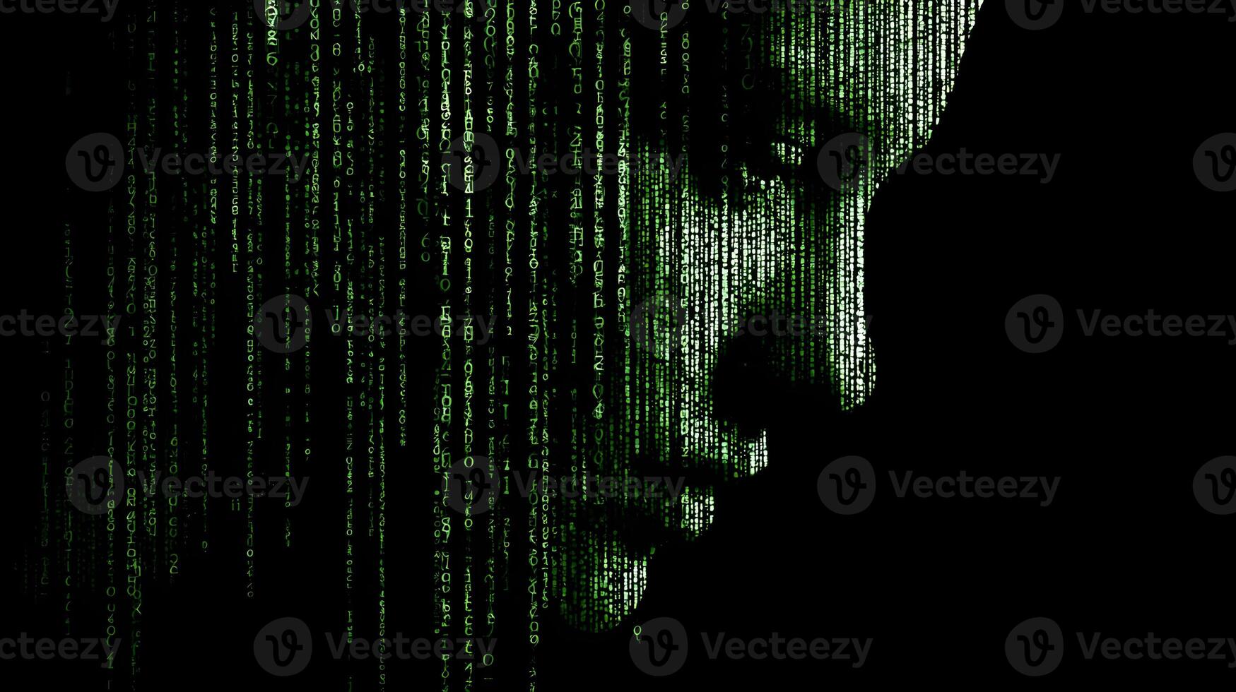 Profile silhouette of a woman with green binary code background representing technology and data photo