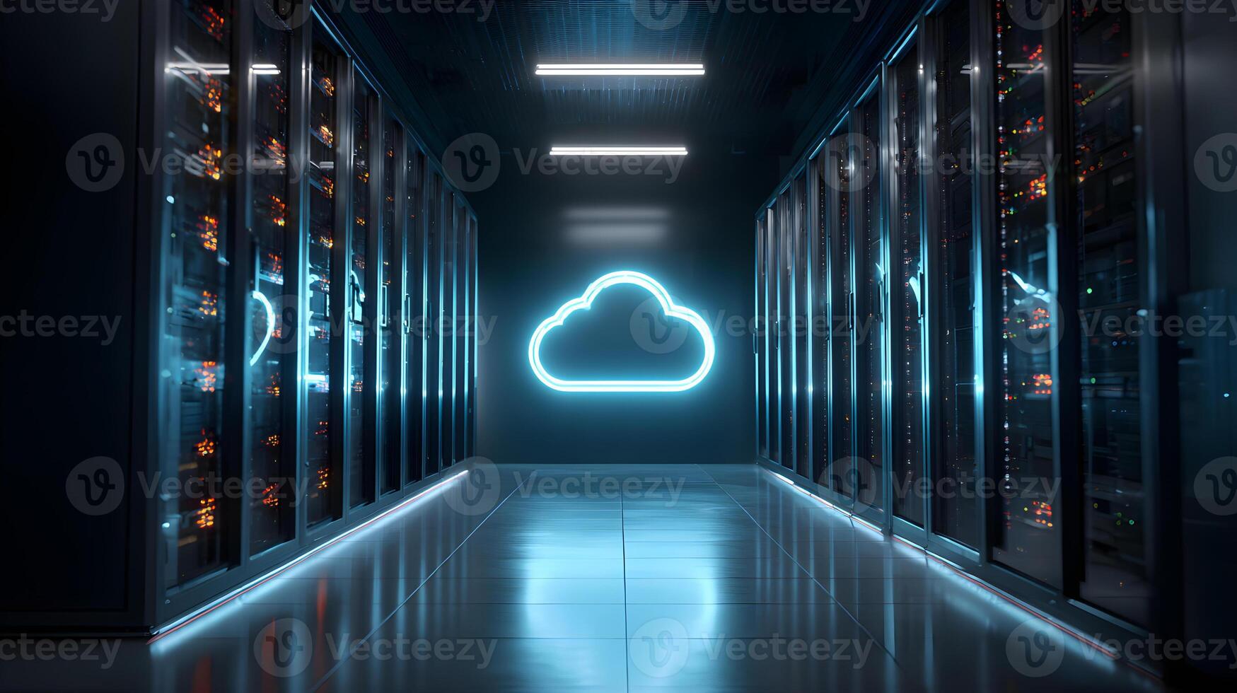 Data center corridor with illuminated cloud symbol and server racks creating a modern atmosphere photo