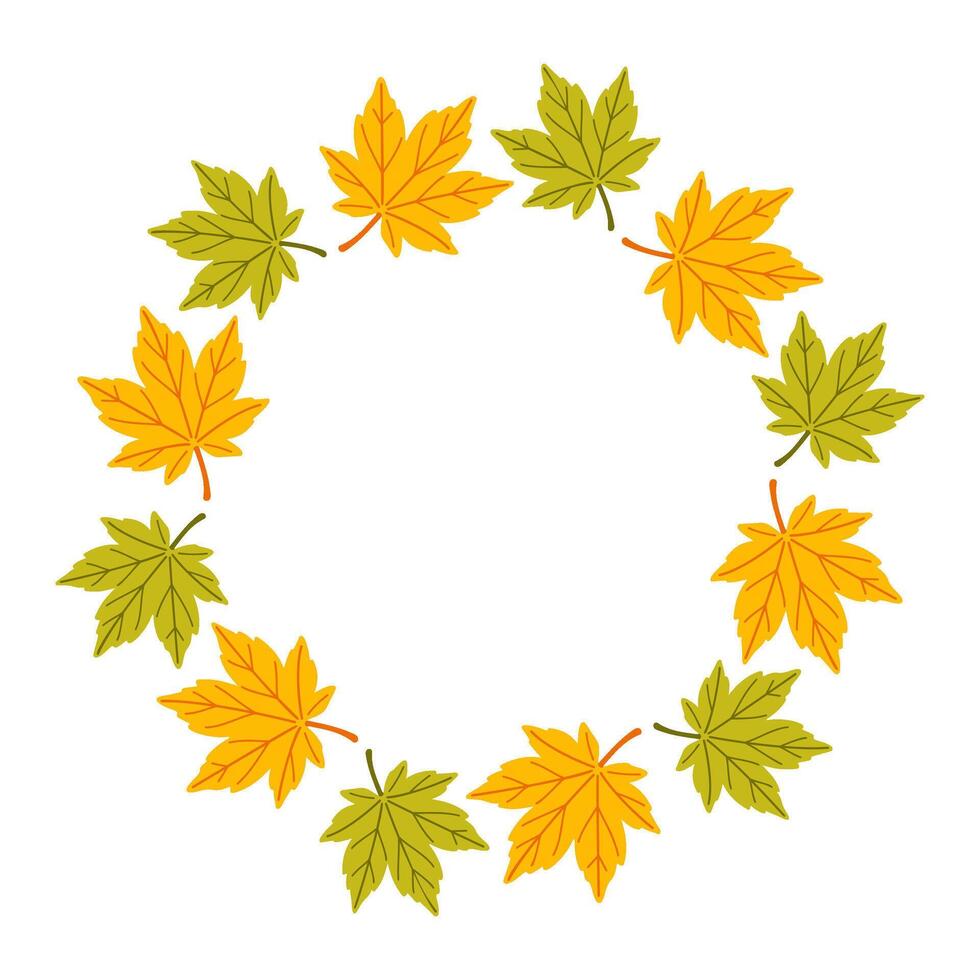 Simple yellow and green maple leaf circle frame. Trendy flat style isolated on transparent background. round frame of autumn leaves. ring of autumn leaves. Ideal for poster, postcard. vector
