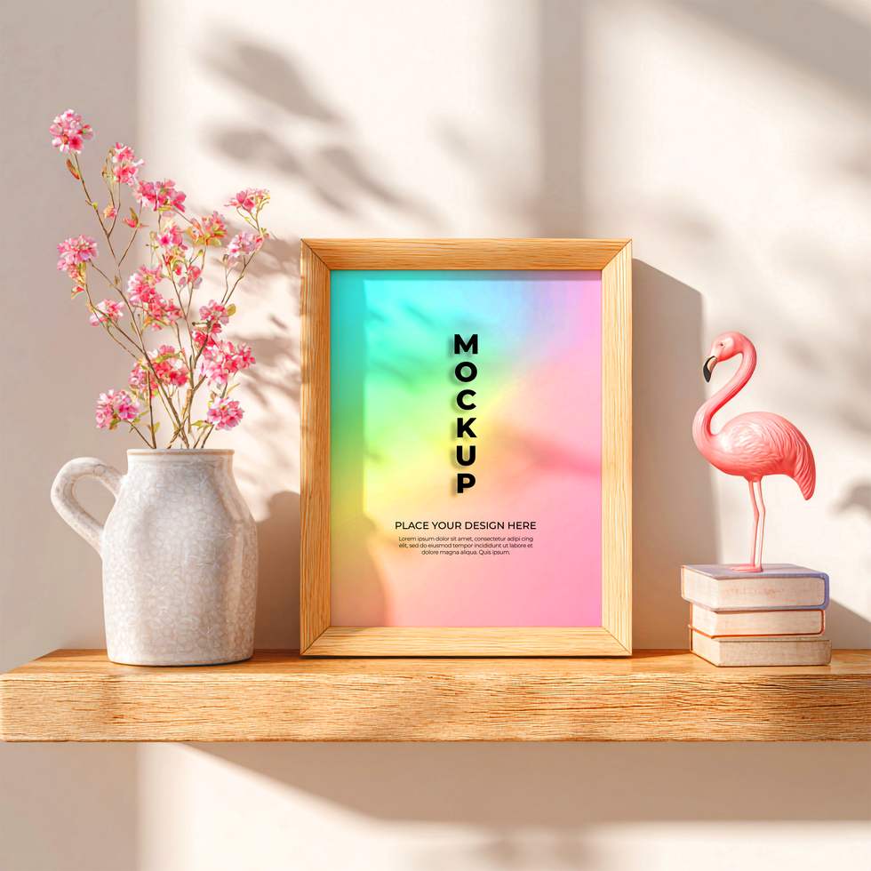 A wooden frame with colorful gradient background and the word mockup is displayed on a shelf with a vase of flowers and a flamingo figurine psd