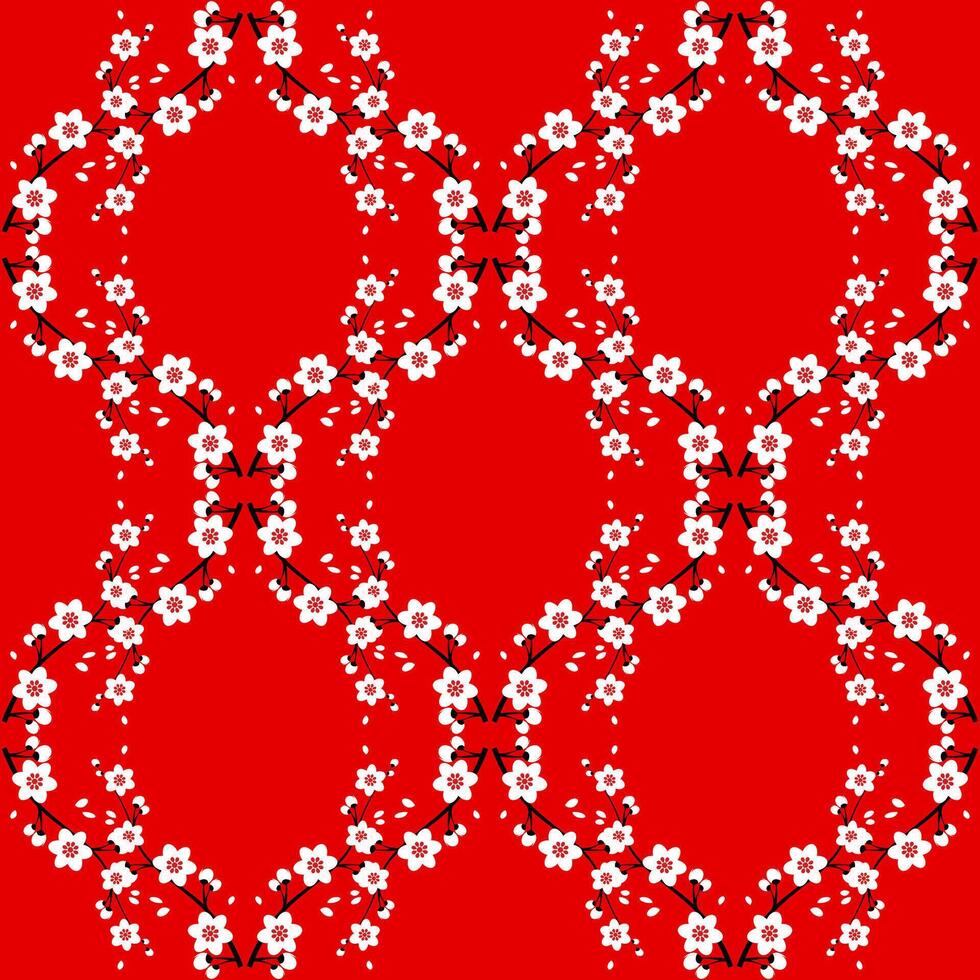 Seamless pattern of cherry blossom branches on a red background vector