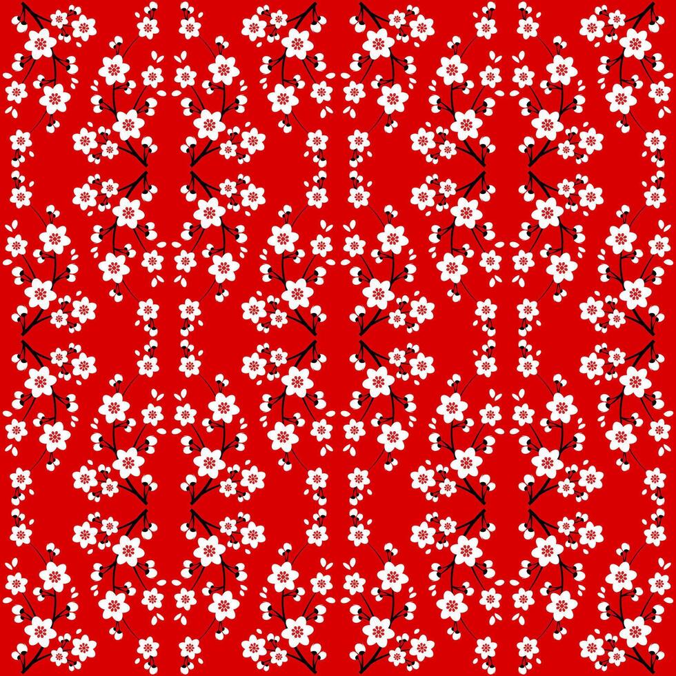 Seamless pattern of small white sakura flowers on a red background vector