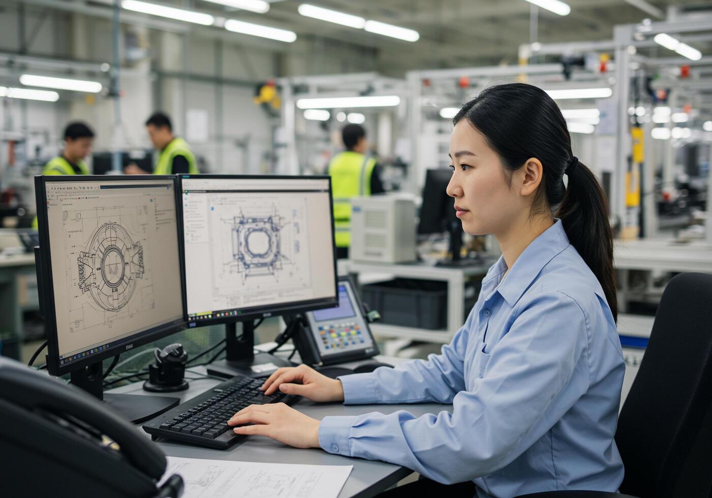 Engineer Working on Computer Aided Design in Factory photo