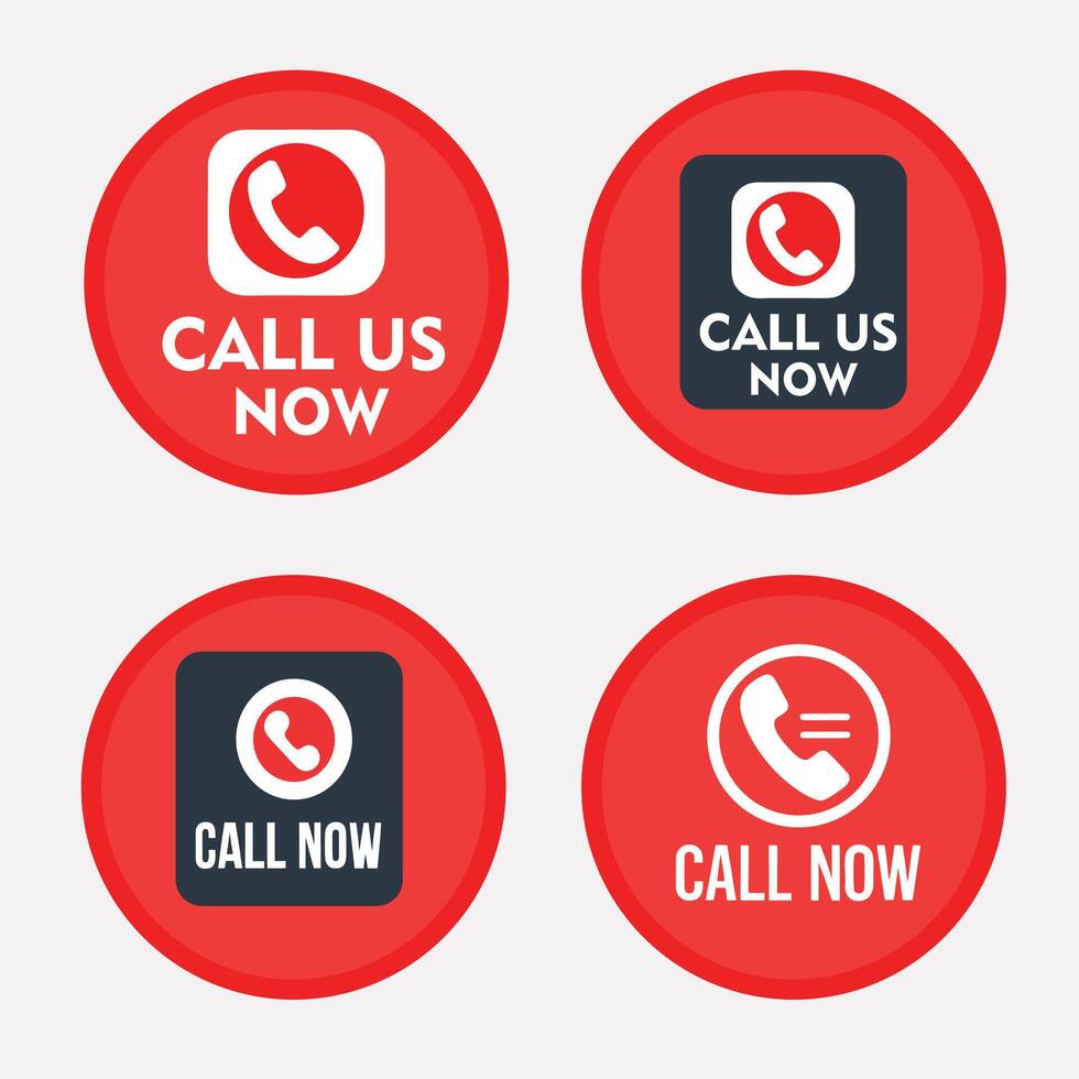 Call us now button set isolated on white background featuring phone icons in red and black, perfect for website and app design, offering immediate assistance vector