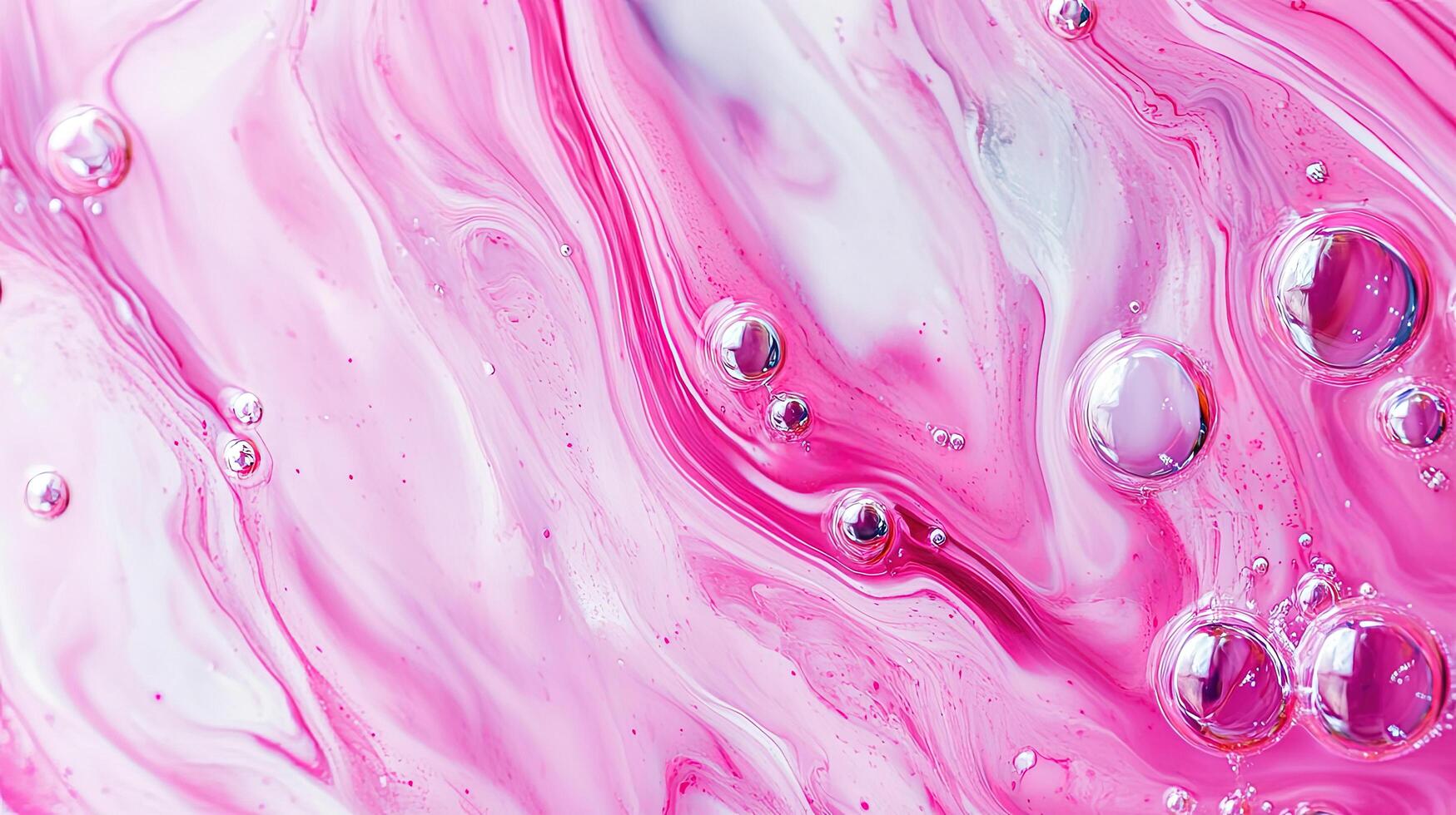 Abstract swirls of pink and white create a marbled pattern with clear bubbles on top photo