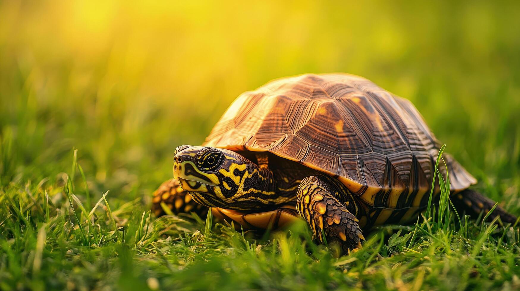 Turtle with intricate shell design walks slowly through a field of green grass on summer day photo