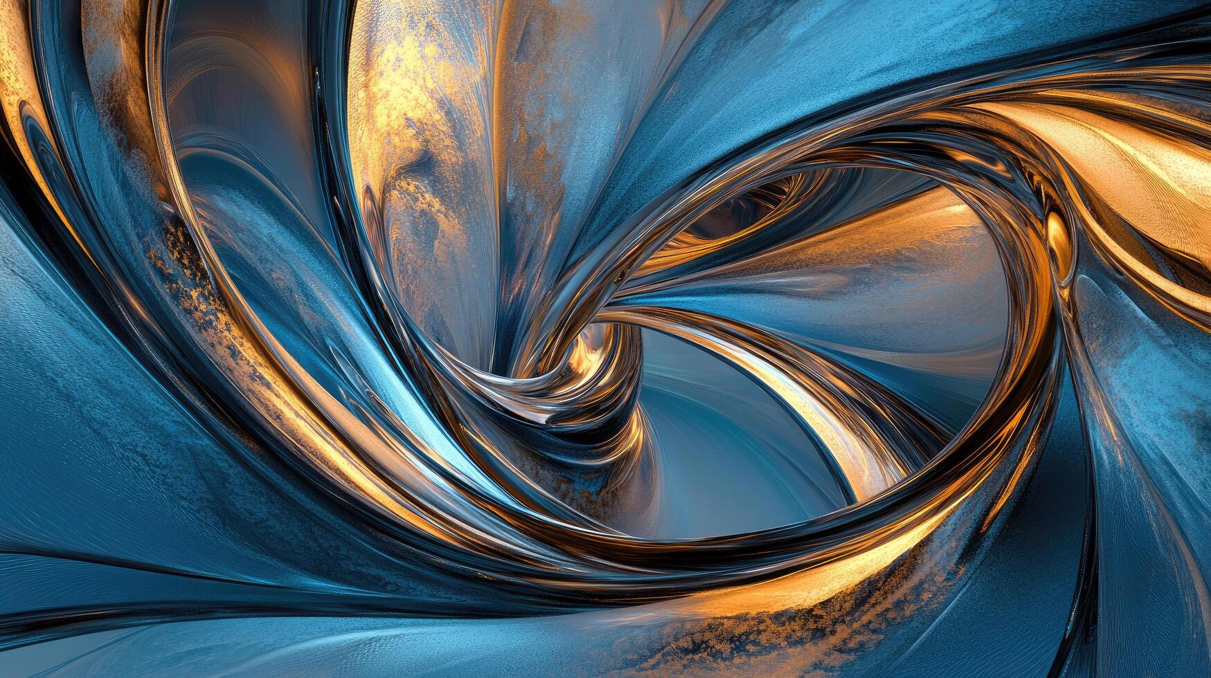 Wavy textured blue and gold metallic strands intricately intertwine, creating a captivating abstract visual photo