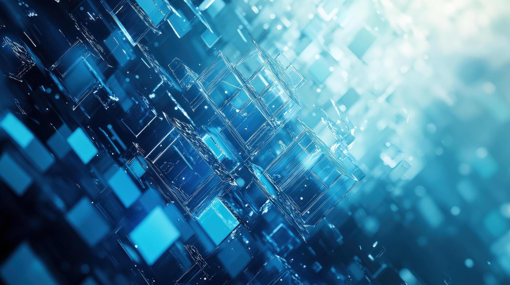 Abstract arrangement shows floating blue cubes with geometric patterns and bright light source photo