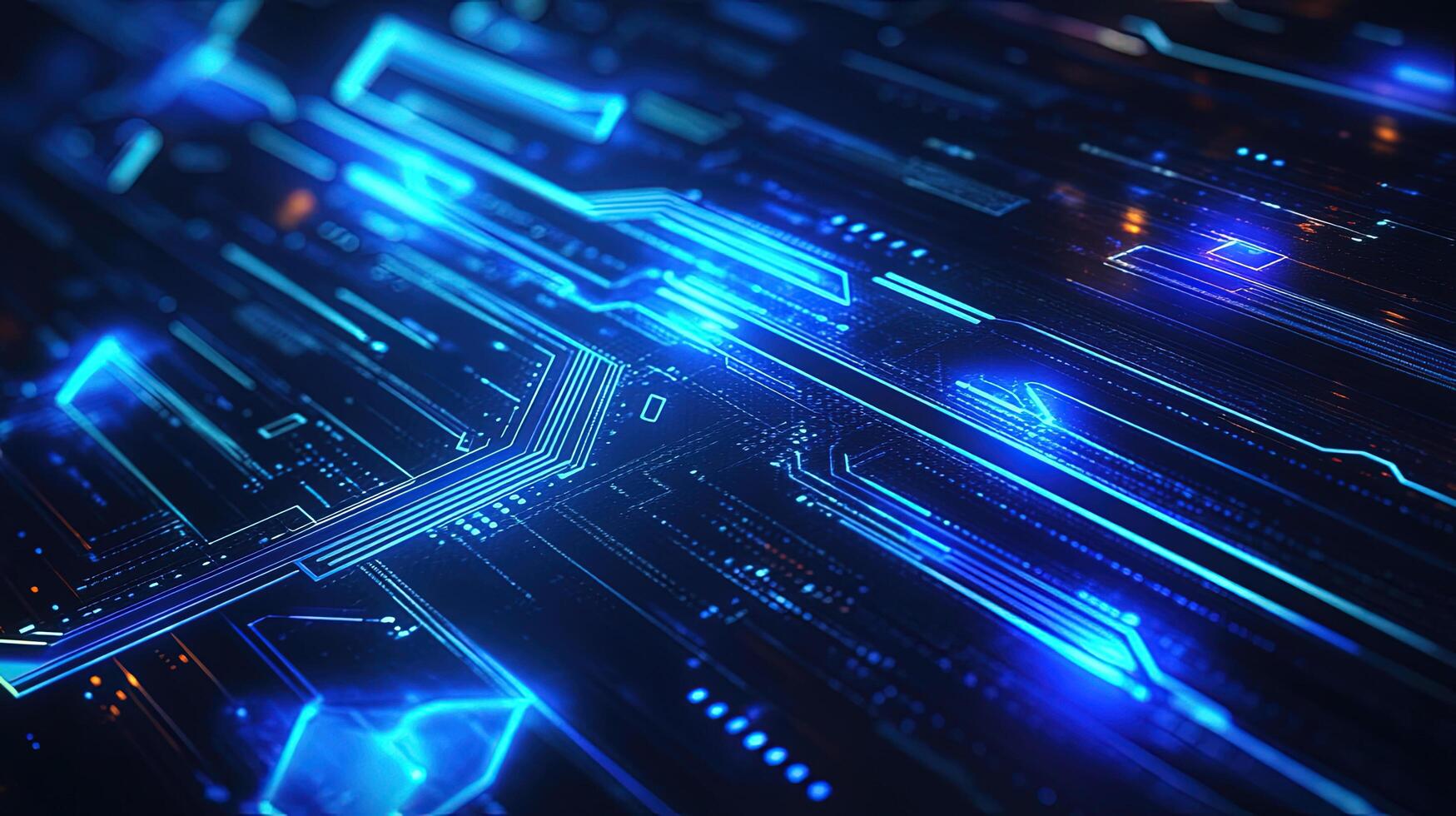 Blue motherboard design shows complex circuits with connecting lines and glowing elements on dark background photo