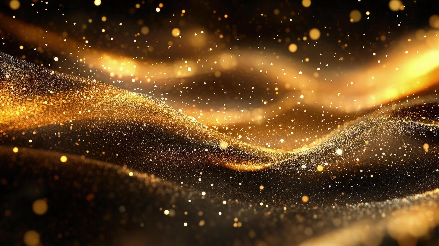 Sparkling gold particles create wavy shimmering effects on a dark background, displaying a radiant glow photo