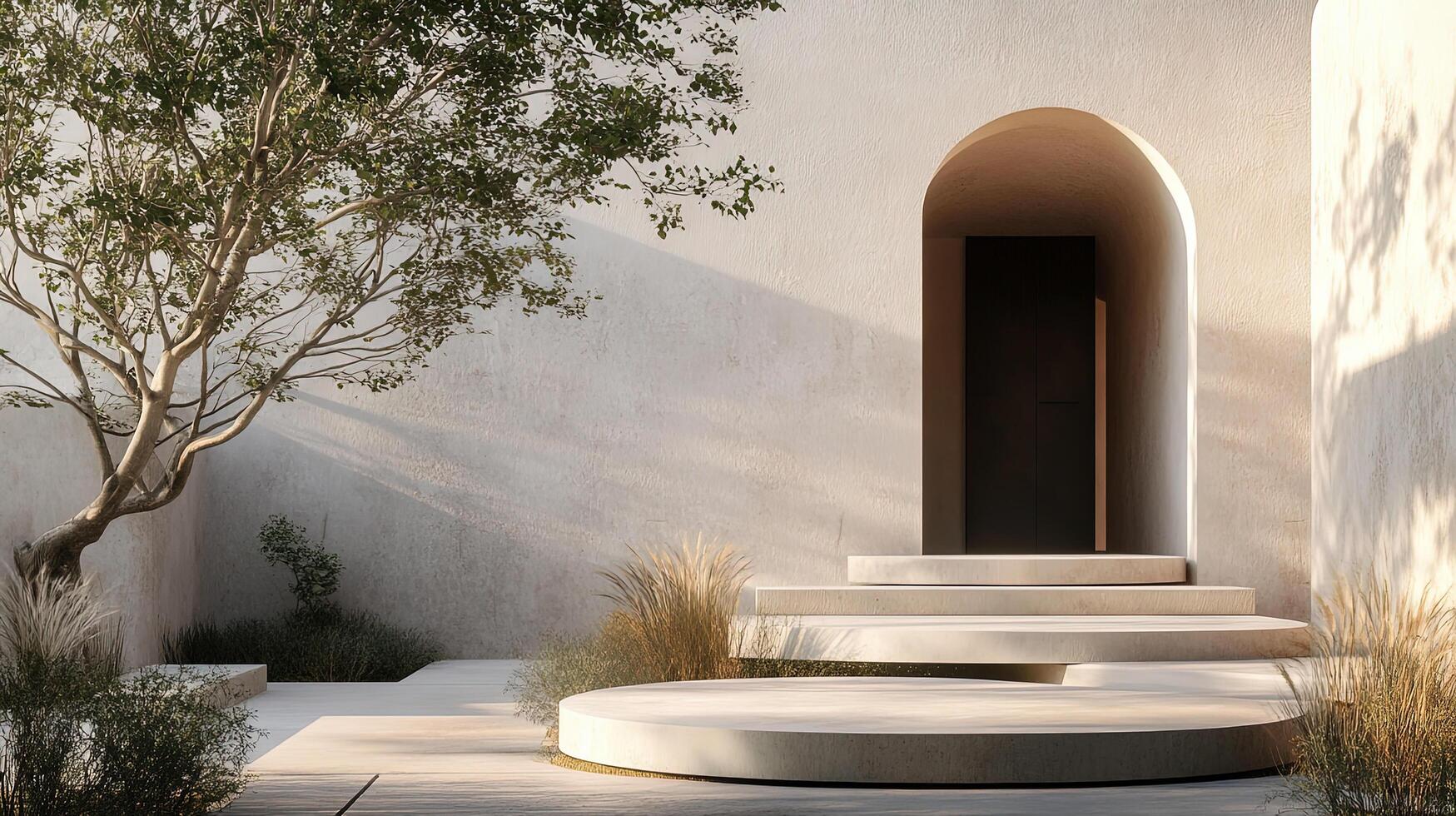 Minimalist building features an archway, elegant steps, and a flourishing tree creating serenity photo