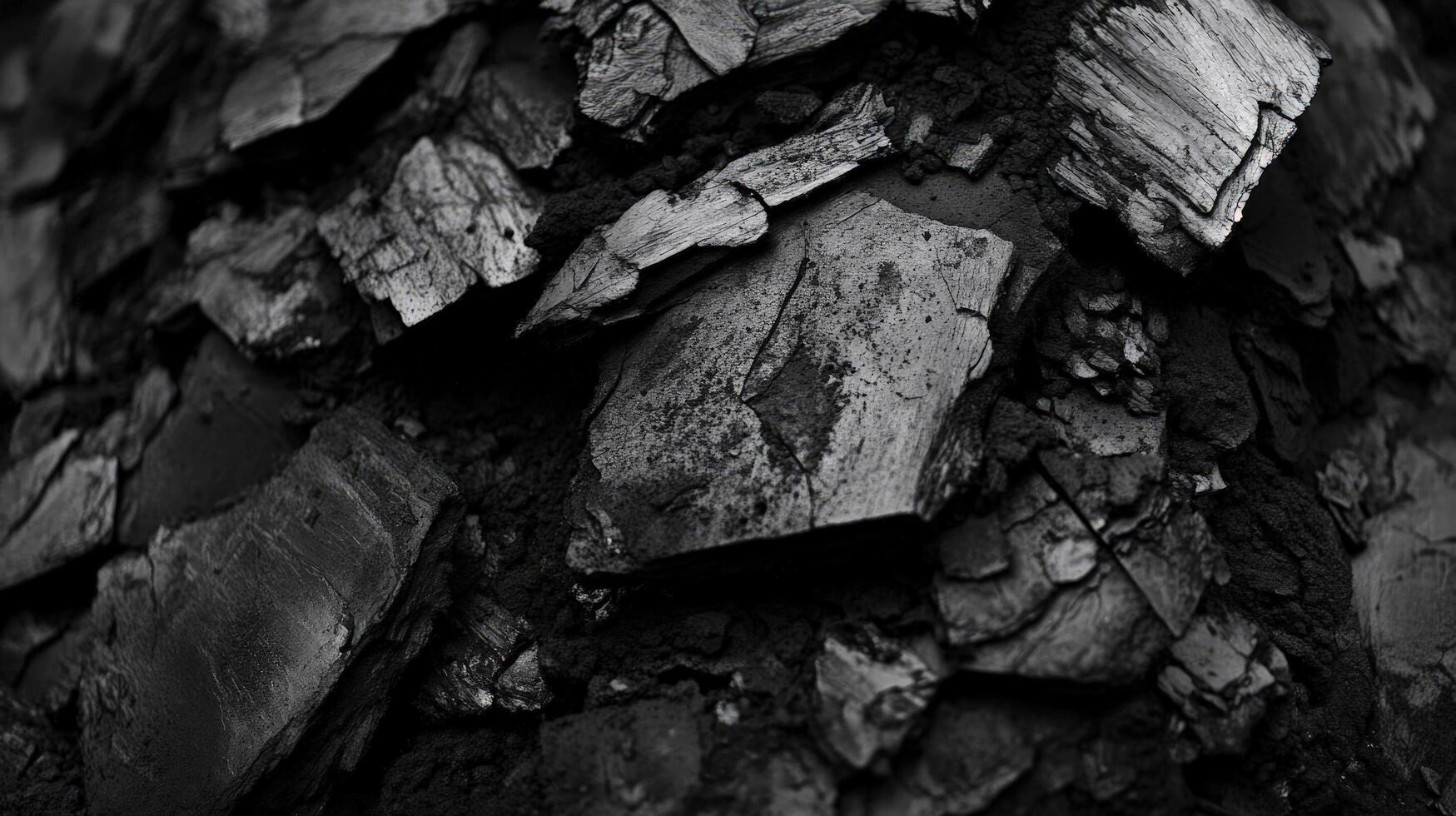 Detailed charcoal fragments display complex textures and irregular shapes within a monochrome color palette photo