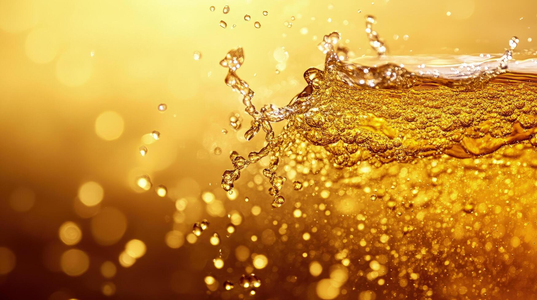 Sparkling golden liquid crashes creating dynamic splash against a blurred illuminated amber background photo