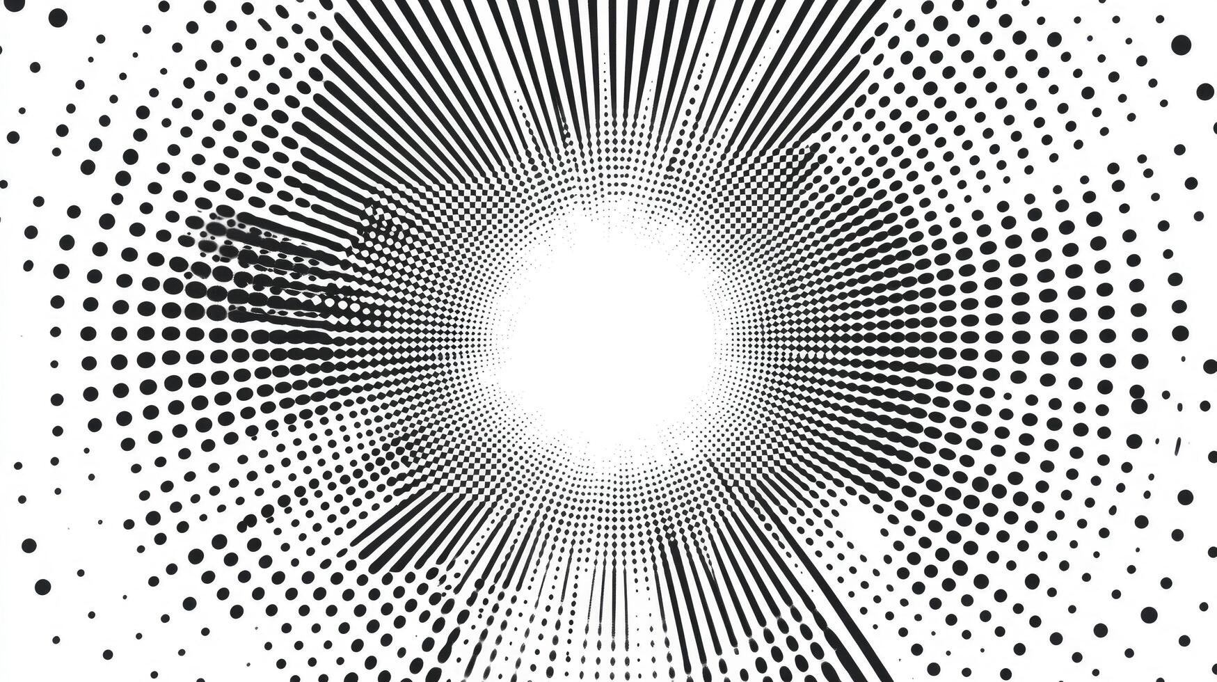 Concentric radiating lines and halftone dots create a dynamic black and white pattern photo