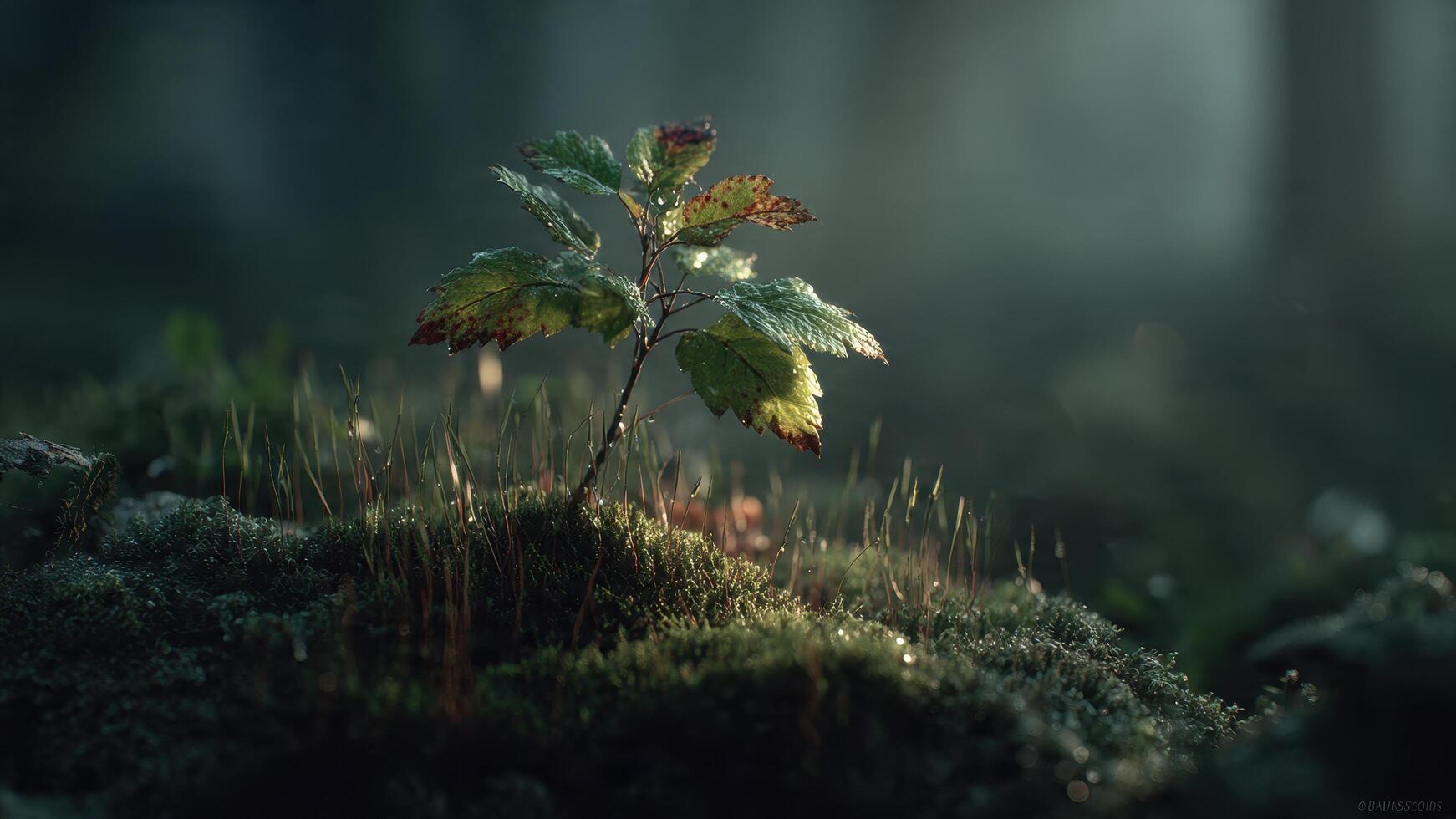 Tiny sapling with dew drops on leaves grows from mossy ground in soft forest light photo