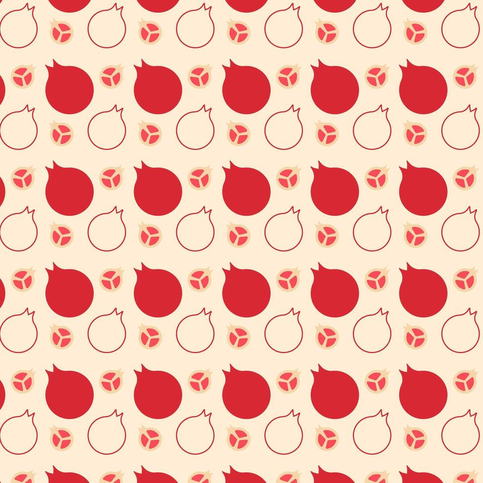 This pattern features a lively arrangement of fruit line icons in red and white hues, showcasing pomegranates and other playful designs. Ideal for textiles, wrapping paper, or digital graphics. vector