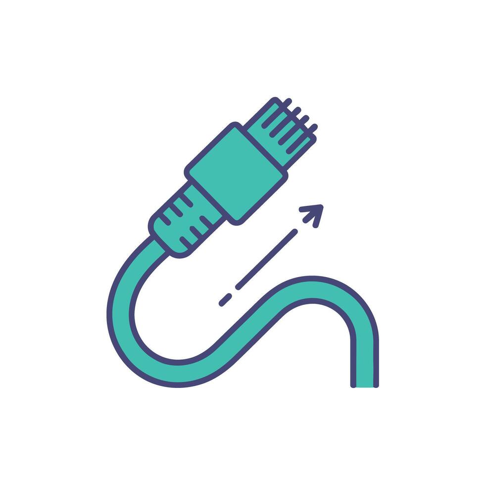 Turquoise ethernet cable icon with arrow indicating signal transmission for online communication and data transfer vector