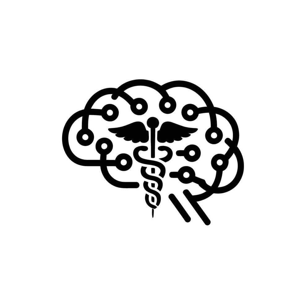 Artificial intelligence in medicine represented by a brain and caduceus in black and white vector