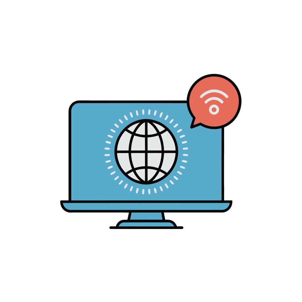 Computer monitor with world globe on screen and wifi symbol in speech bubble vector