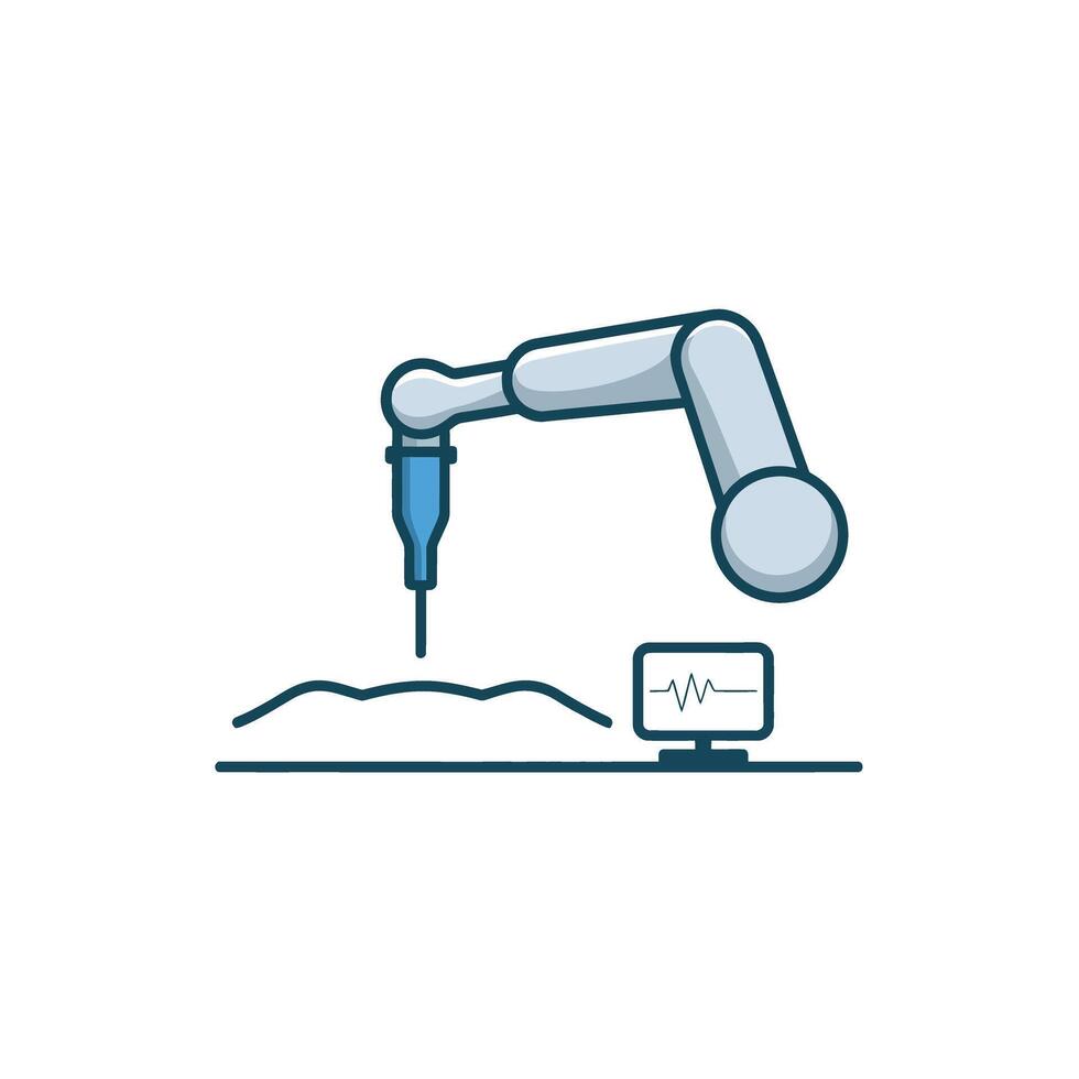 Robotic arm working on a surface with data display innovation and modern technology vector