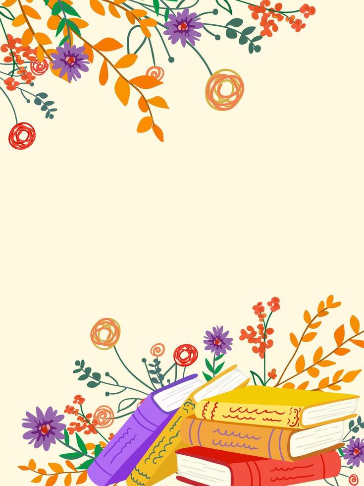 autumn frame with stack of colorful books and boho floral elements decorative design vertical banner poster flat illustration copy space vector