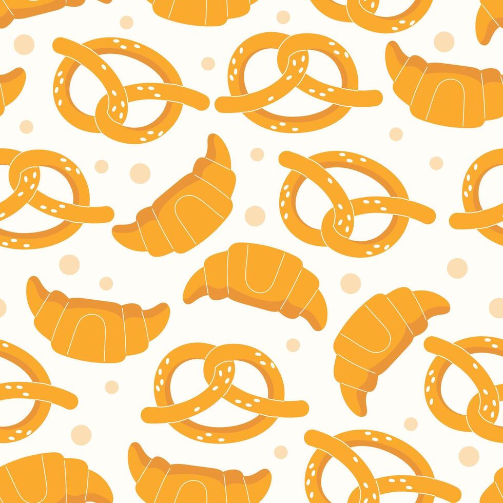 Seamless culinary pattern with croissants and sesame pretzels on white background for bakery design vector