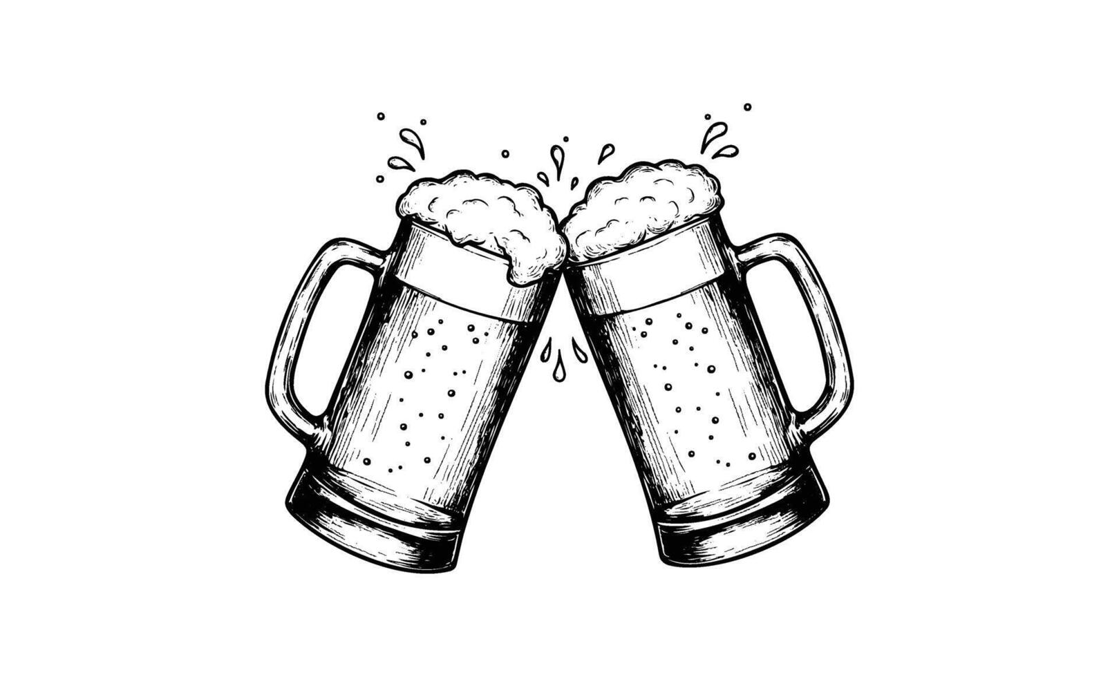 Sketch of clinking beer mugs with splashing foam against vector