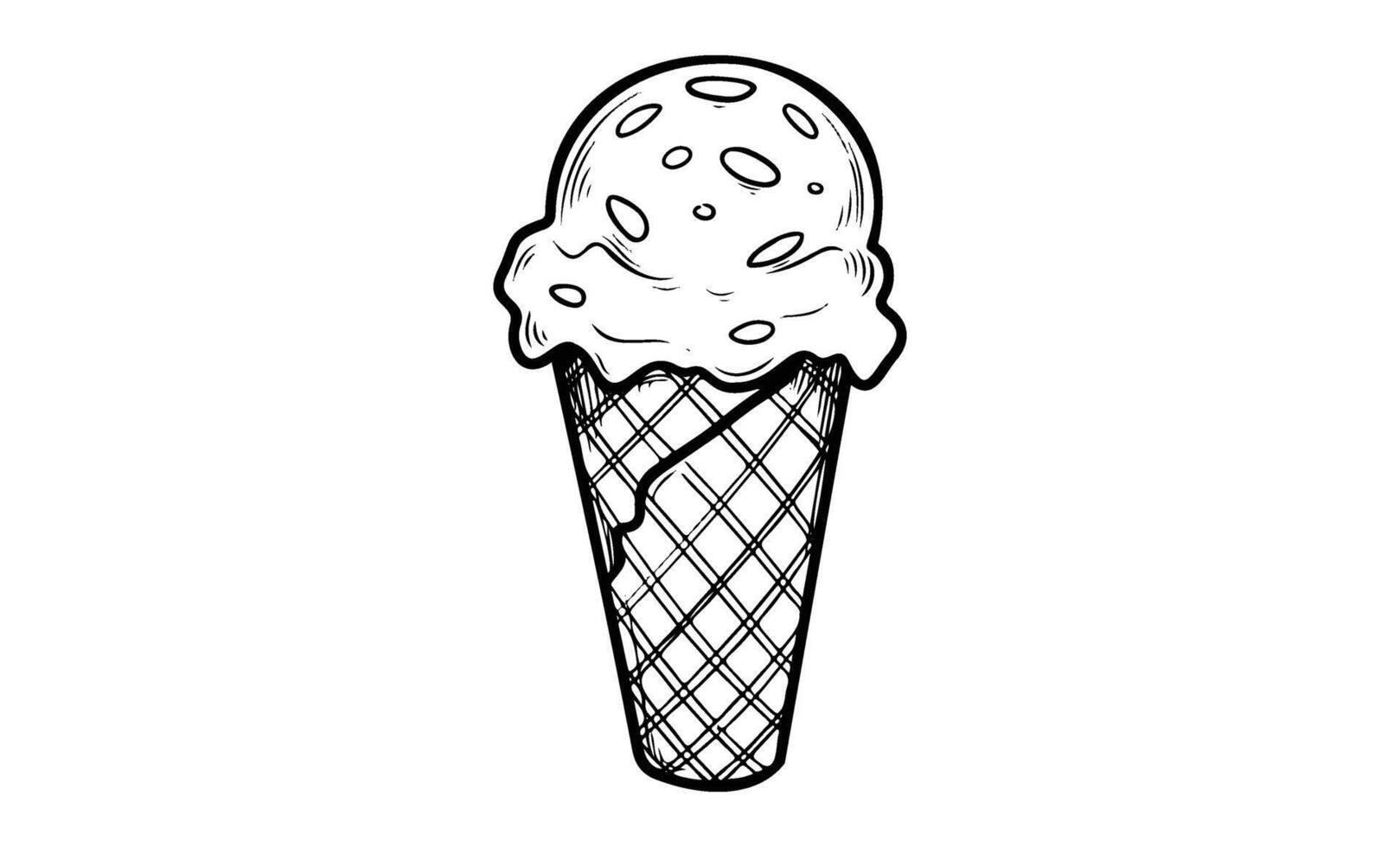 Hand-drawn ice cream cone with scoops and waffle pattern outline vector