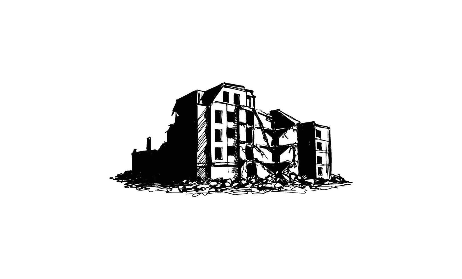Sketch of abandoned building in ruins with structural damage and debris vector