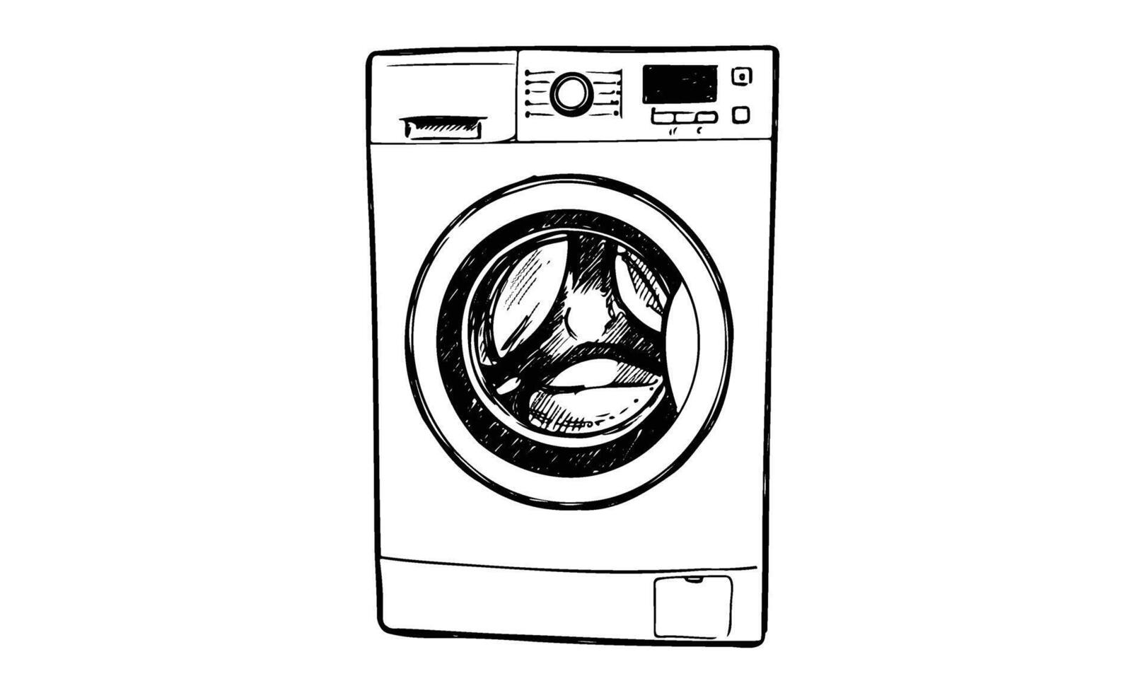 Black and white sketch of a front-loading washing machine with digital display vector