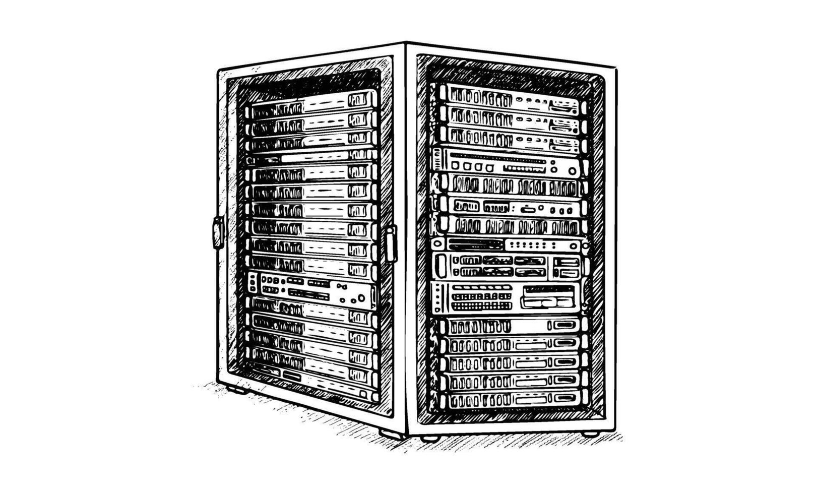 Monochrome sketch of a server rack with computer hardware and network equipment vector