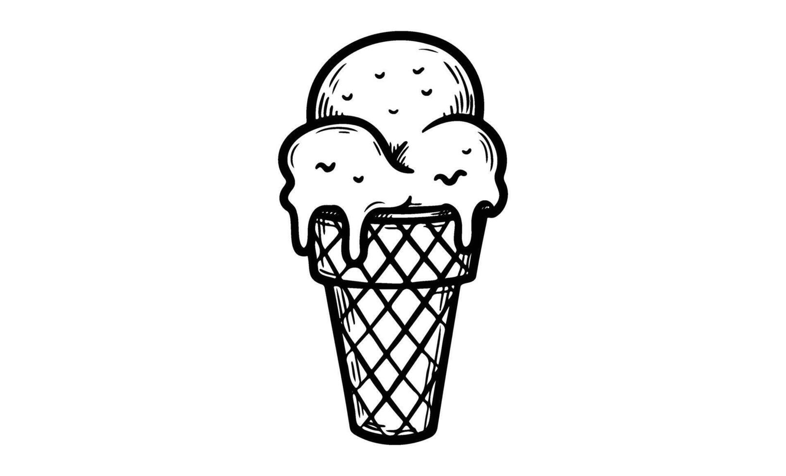 Hand-drawn ice cream cone with waffle cone and melting scoops vector