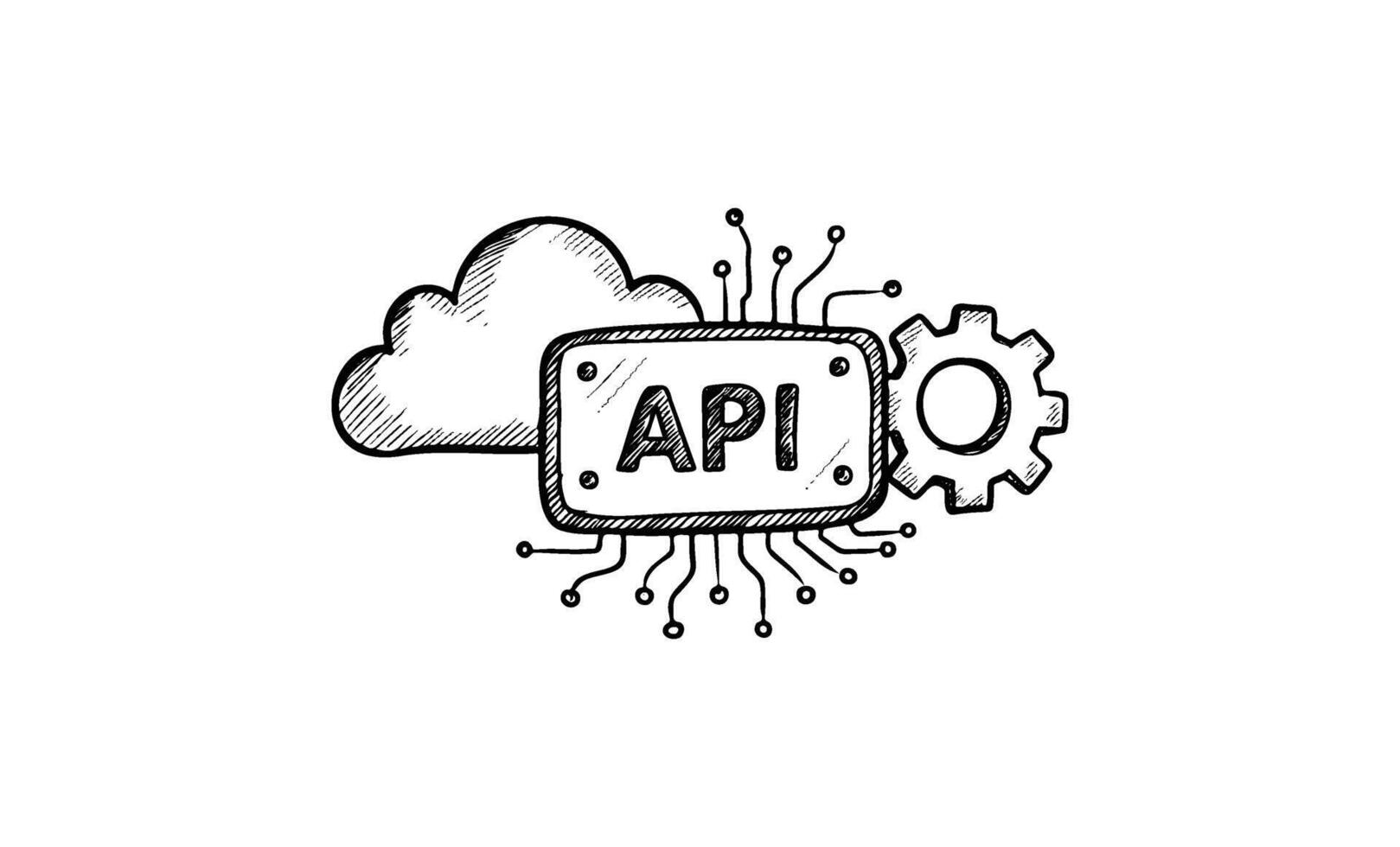 Hand-drawn api illustration with cloud and gear elements symbolizing technology integration vector