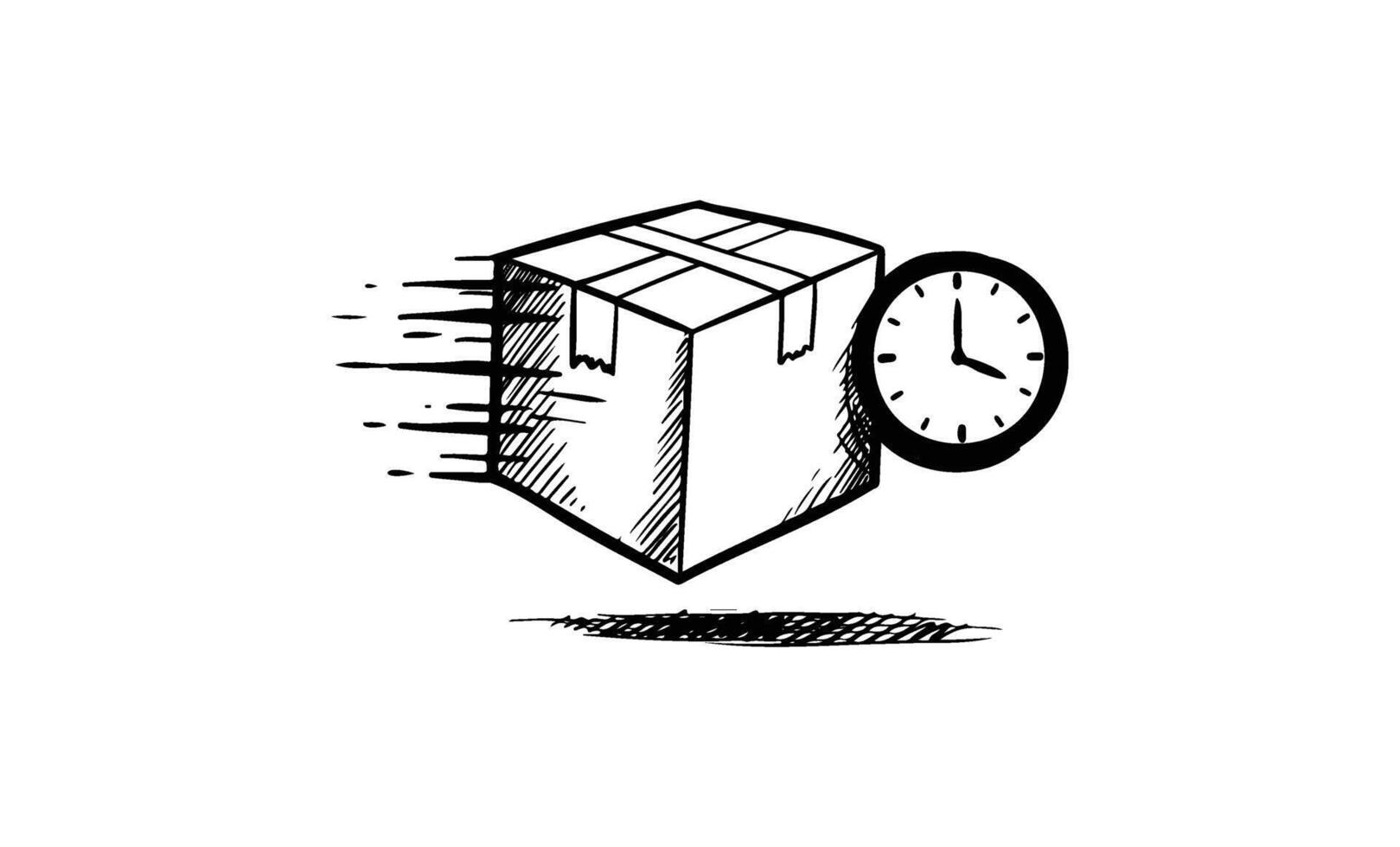 Hand-drawn sketch of fast moving package with clock for quick delivery concept vector