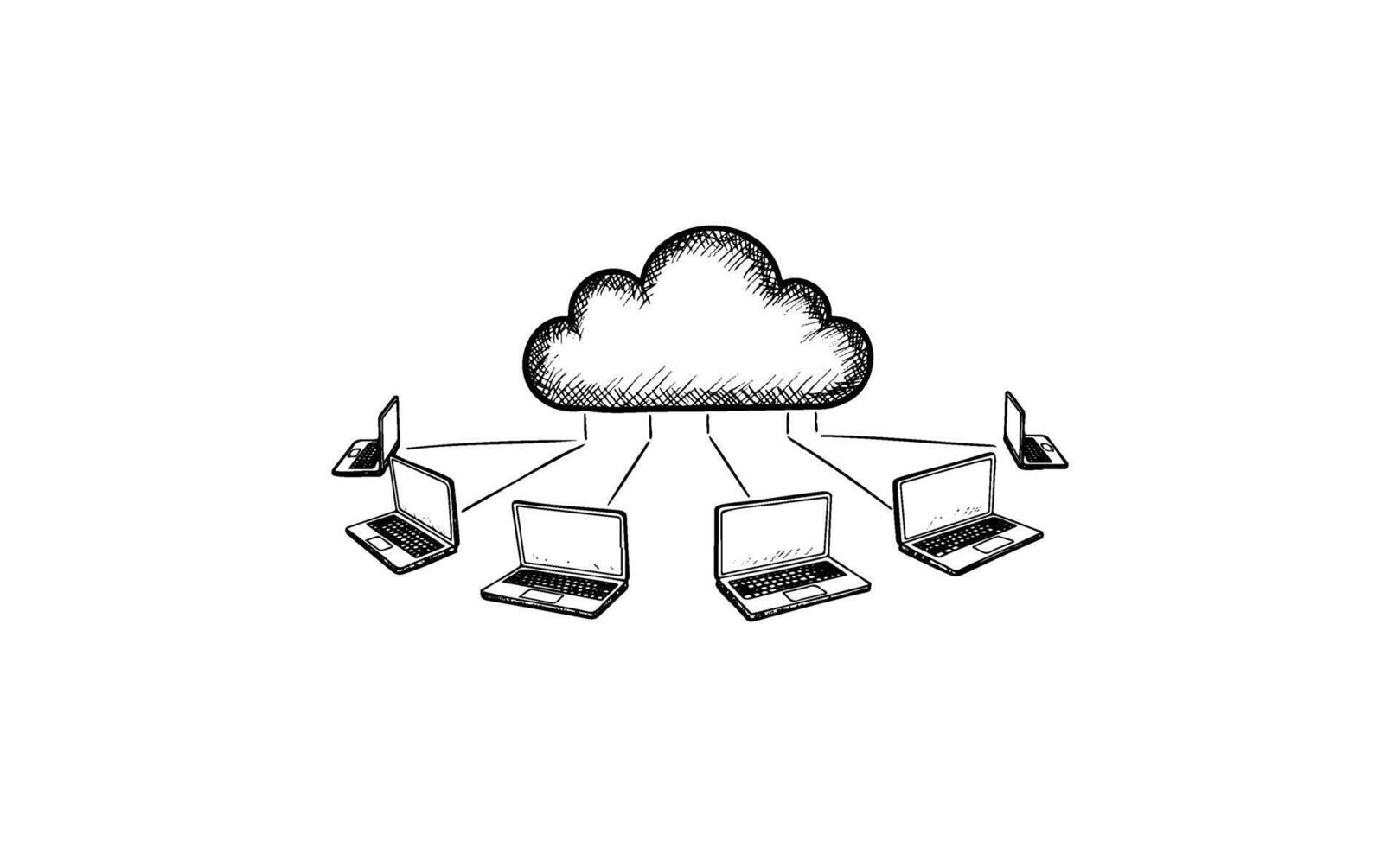 Cloud networking concept with multiple connected laptops in diagram illustration vector