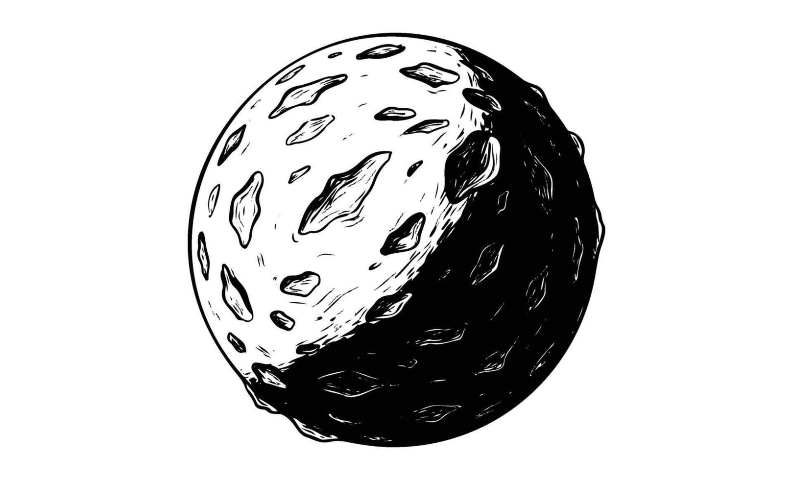 Black and white artistic rendering of a cratered asteroid in space vector