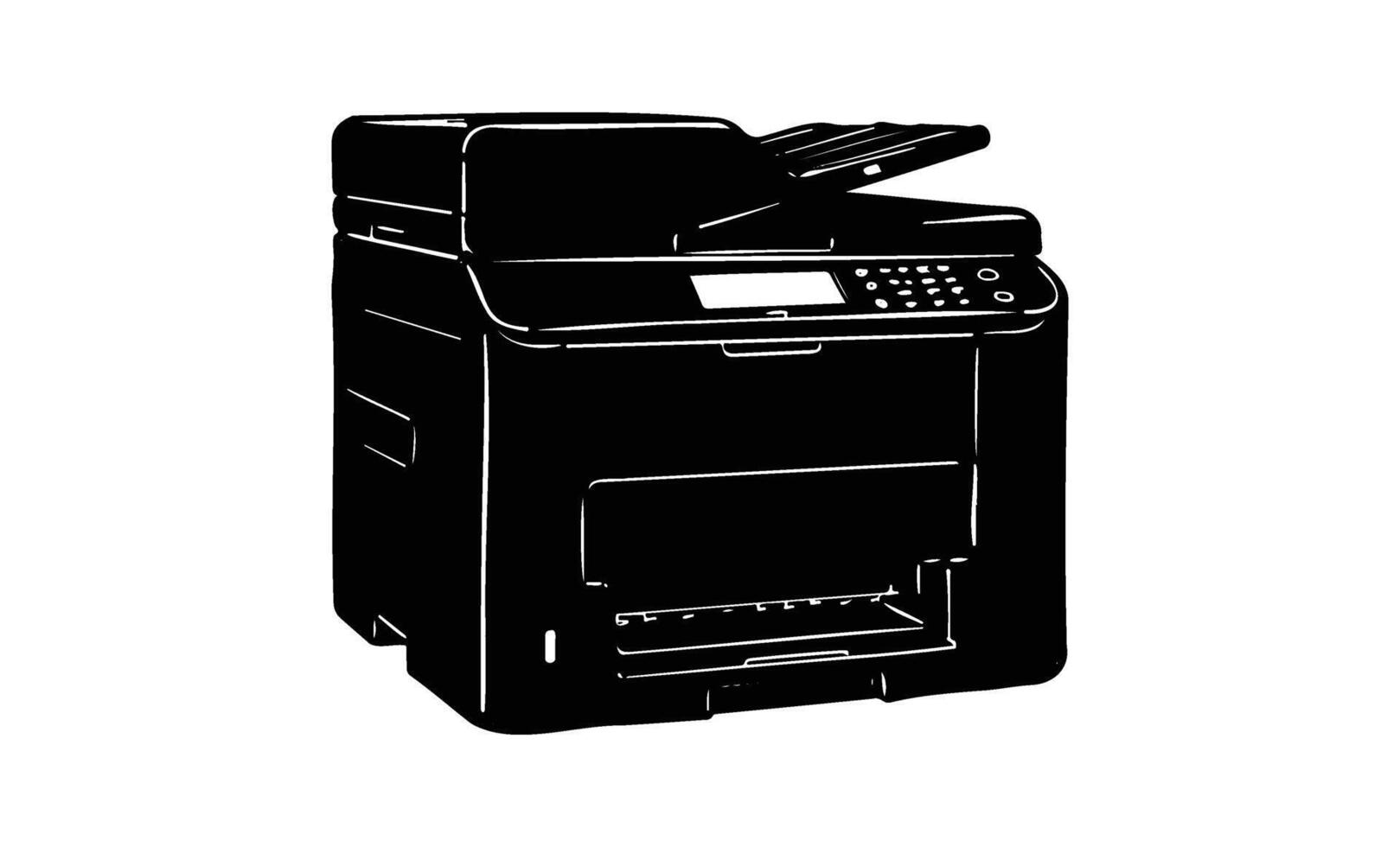Monochrome image of multifunction printer with control panel and paper tray vector