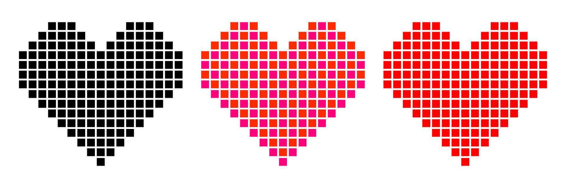 Colorful pixel hearts in 8-bit retro style. illustration featuring black, pink, and red pixel art hearts isolated on white background. Minimal and geometric design icons and interface buttons vector