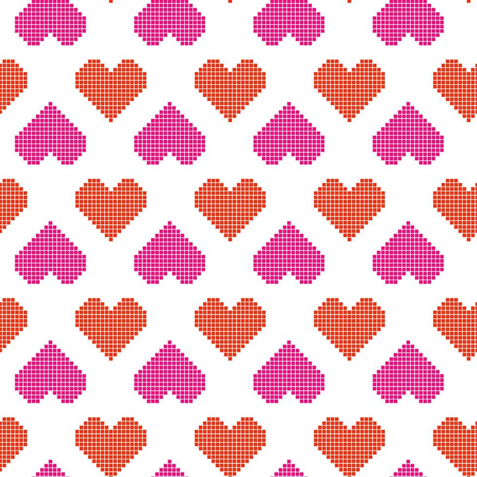 Retro 80s, 90s seamless pixel heart pattern with orange and pink hearts. design in 8 bit nostalgic style, ideal for backgrounds, prints, digital art, and textile patterns. vector