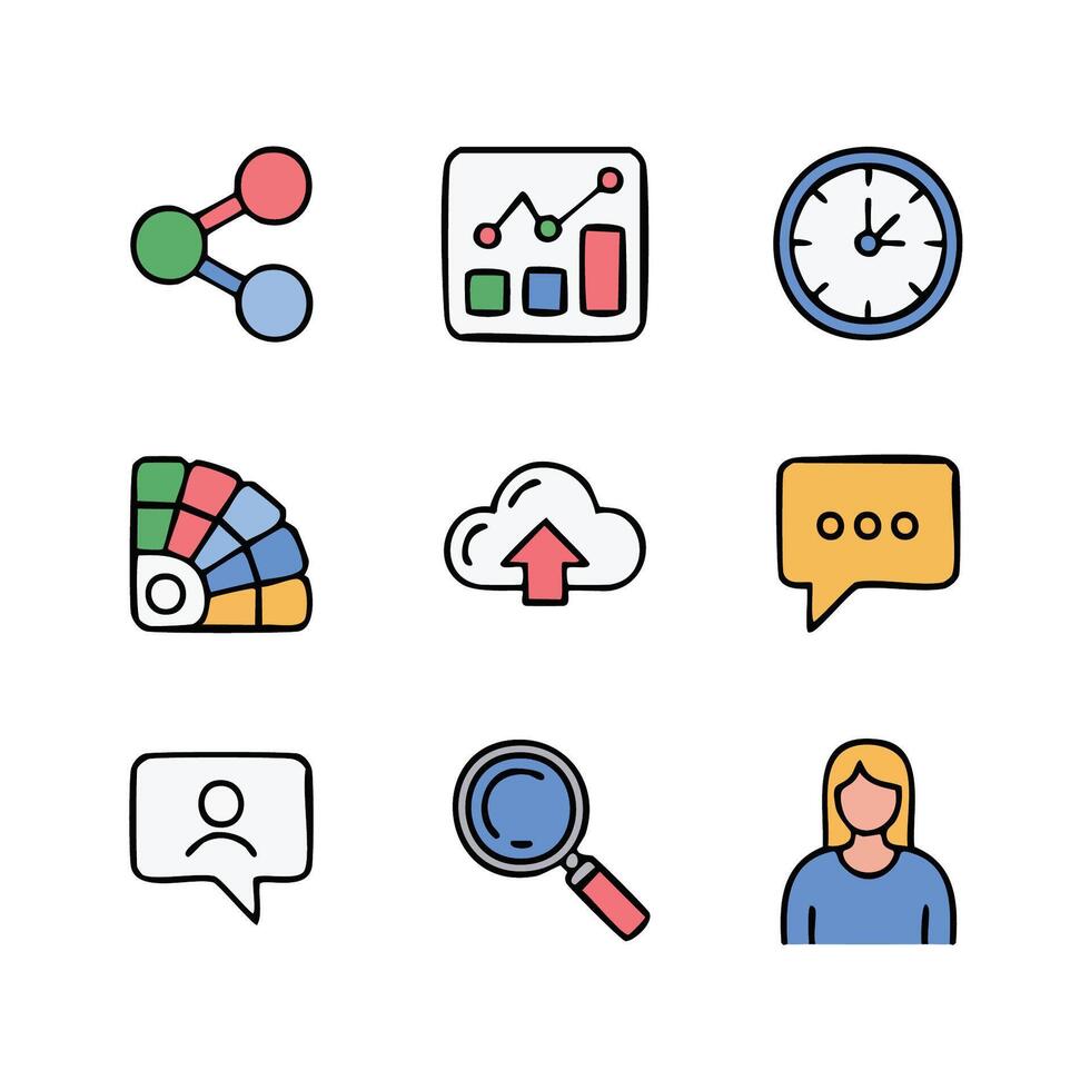 Vibrant collection of essential business and communication icons in a charming hand-drawn, line and flat style, perfect for web, app, and content creation designs vector